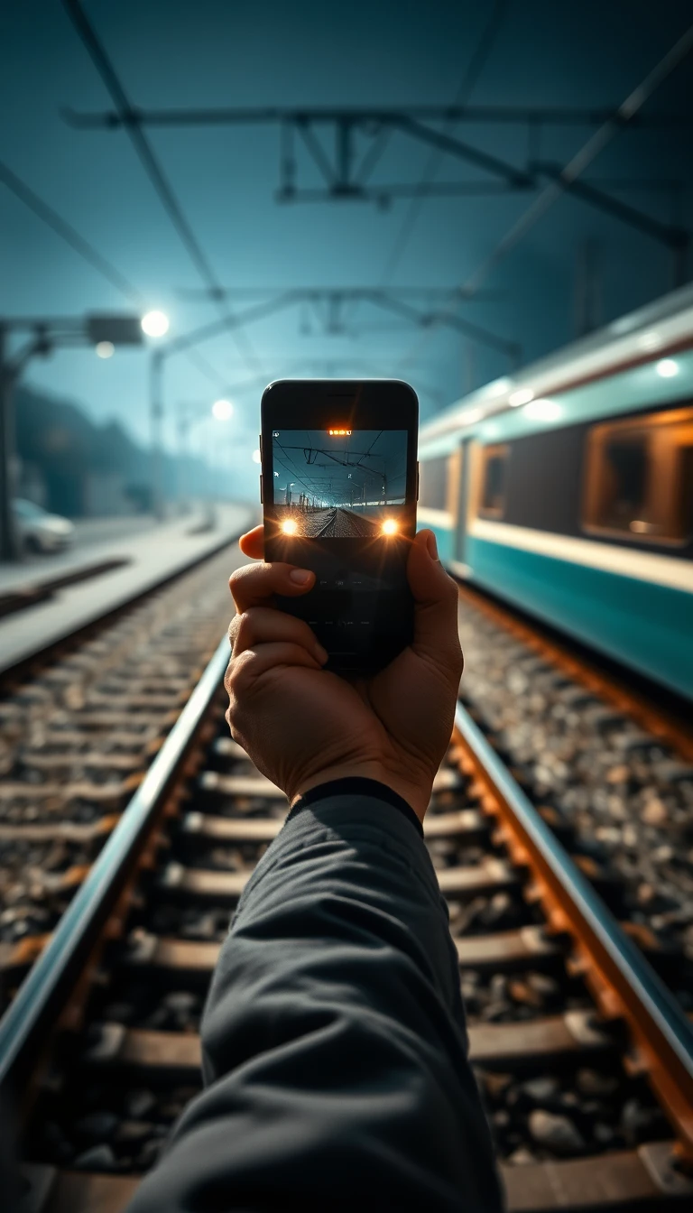 Selfie taken on dangerous active train tracks